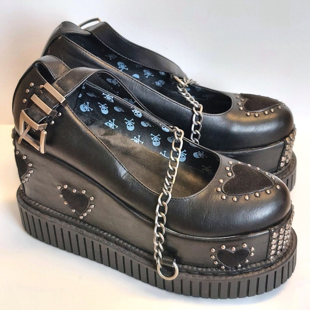 Lamoda Black Creeper Platform Wedge Mary Jane Shoes 9 Goth Stud Heart Whimsigoth